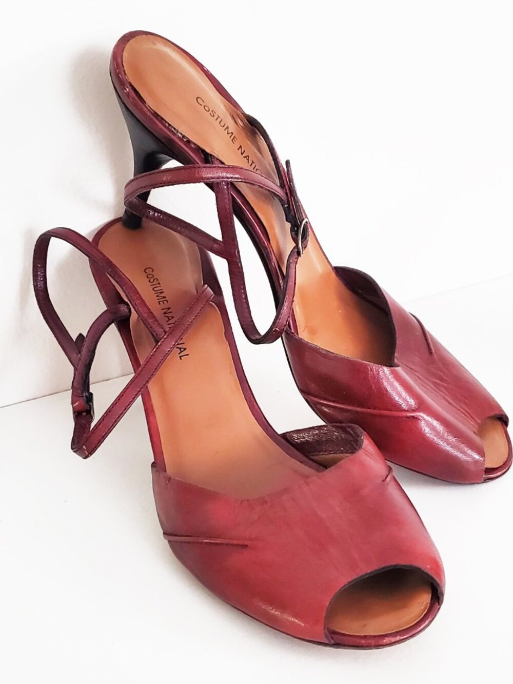 Costume National Vintage Burgundy Leather Peep Toe 3" Heel Size 39